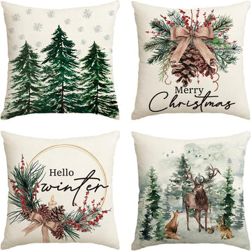 Merry Christmas Trees Reindeer Snowflake Throw Pillow Covers, 18 x 18 Inch Xmas Red Berries Hello Winter Holiday - Set of 4