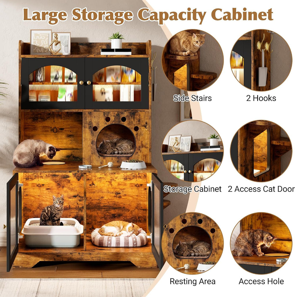 Cat Litter Box Enclosure with Storage Cabinet, Hidden Cat Washroom Furniture with Fluted Glass Doors & Cat Tree