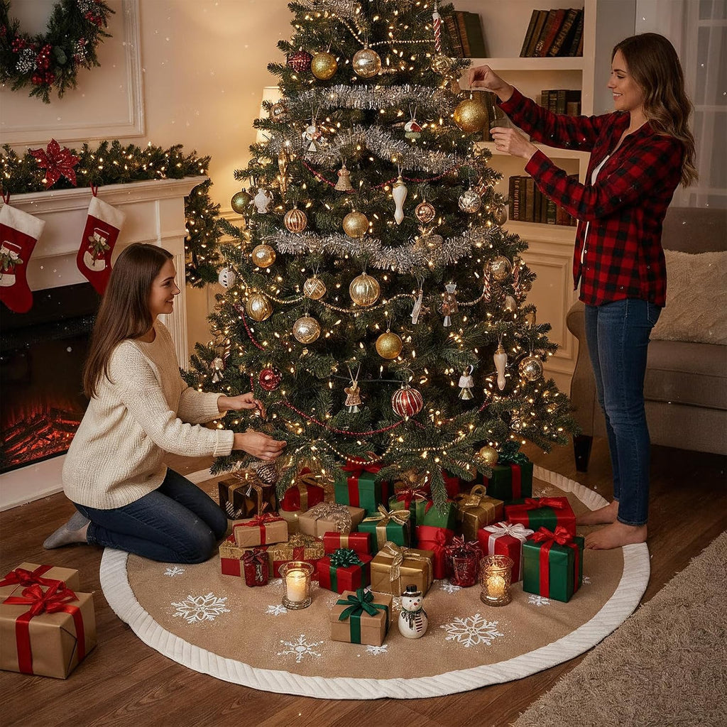 60 Inch Christmas Tree Skirt, Large Burlap Design with Fur Border Snowflake