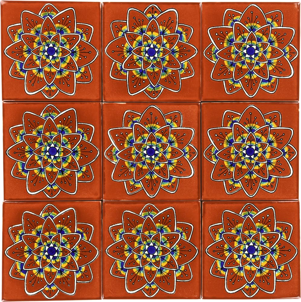 Box of 45-41⁄4 x 41⁄4 Terra Cotta Peacock Flower - Talavera Mexican Ceramic Tiles