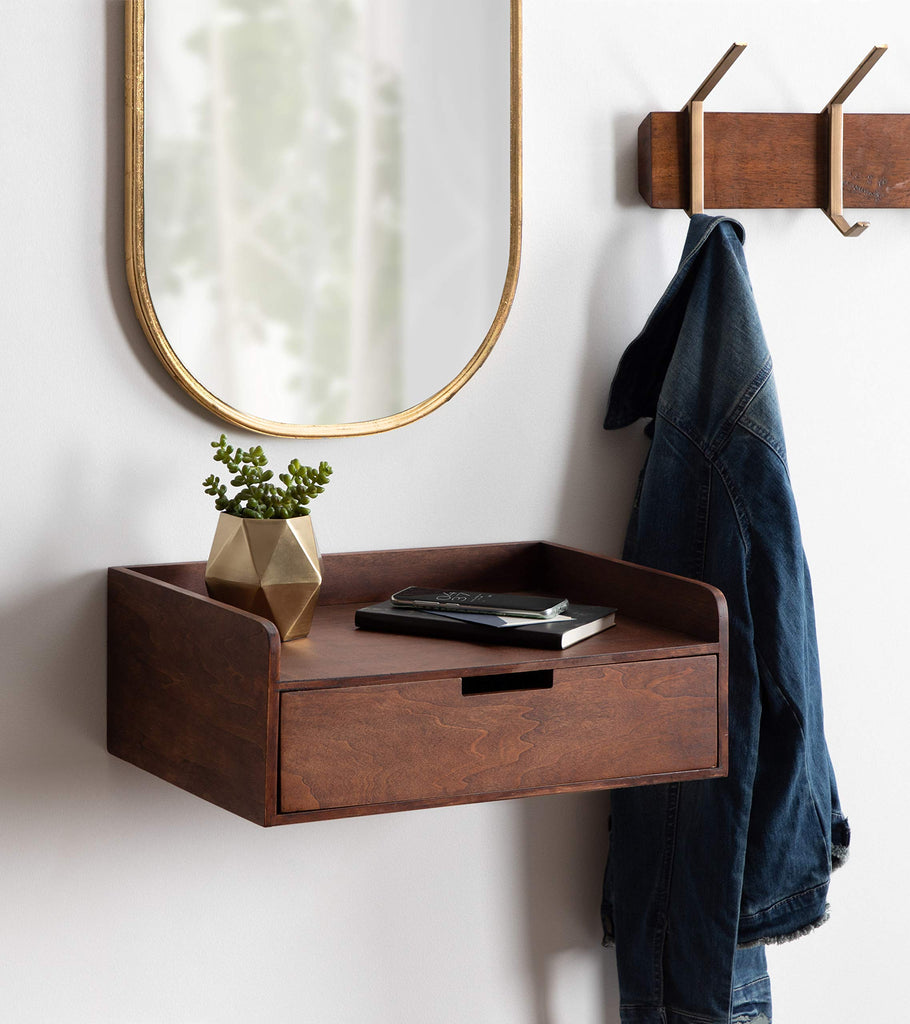 Kitt Modern Floating Wall Shelf Side Table with Drawer, 18" x 12" x 6.5", Walnut