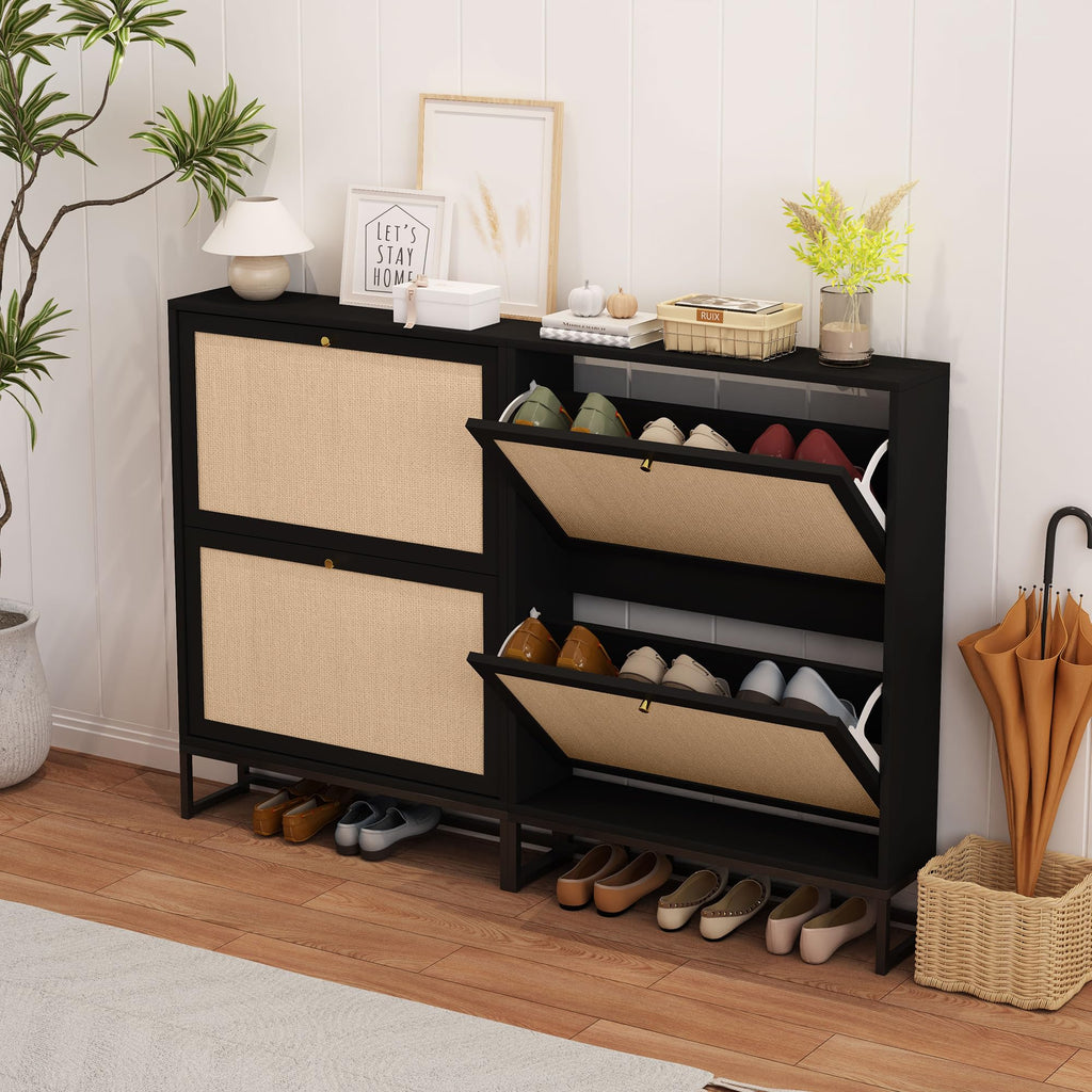 Black Narrow Shoe Cabinet, Hidden Slim Shoe Storage Cabinet, 25.6"x34.7" Flip Drawer Shoe Oraganizer Rack with Metal