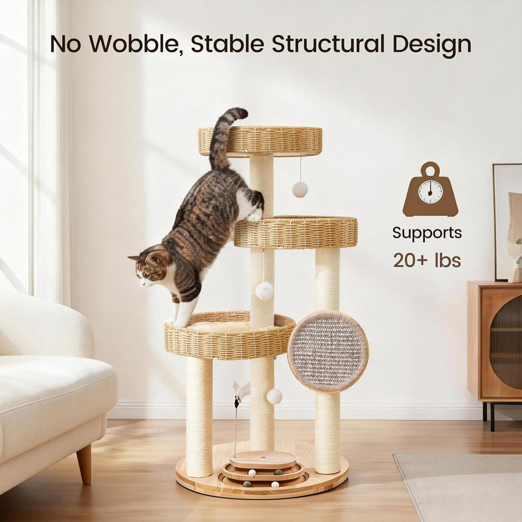 Cat Tree Tower for Large Cats, 48-Inch Solid Wood Cat Condo