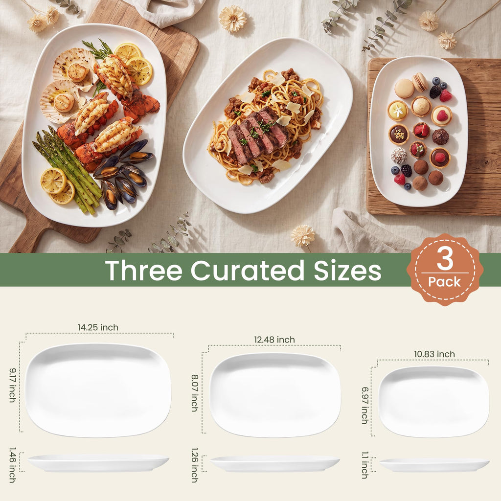 Ceramic Serving Platter Set 14"/12"/10" White Porcelain Serveware for Parties & Entertaining - Decorative Oven-Safe