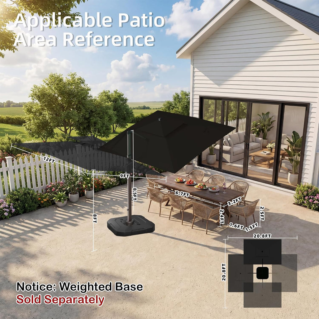9' X 12' Patio Umbrella with LED Lights Outdoor Cantilever Large Rectangle Offset Umbrellas Heavy Duty Aluminum Double