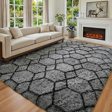 6x9 Area Rugs for Living Room Bedroom, Large Fluffy Grey and Black Throw Rug, Geometric Soft Plush Shaggy Fuzzy Floor