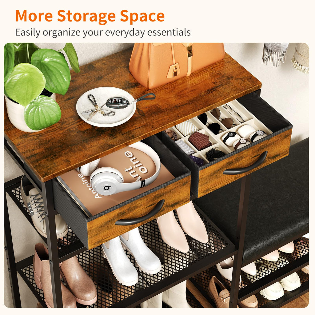 Shoe Rack Bench Shoe Rack, Cushioned Entryway Shoe Storage with 2 Drawers & 5-Tier Organizer, Metal Frame Wood Top