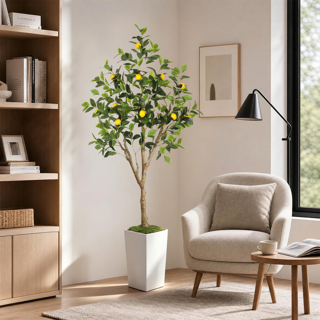 6FT Artificial Lemon Tree with White Tall Planter