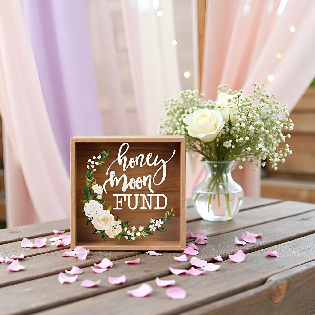 Roberts Honey Moon Fund box, Rustic Wood Card Box with Mixed Floral Garland Design for Weddings, Birthdays