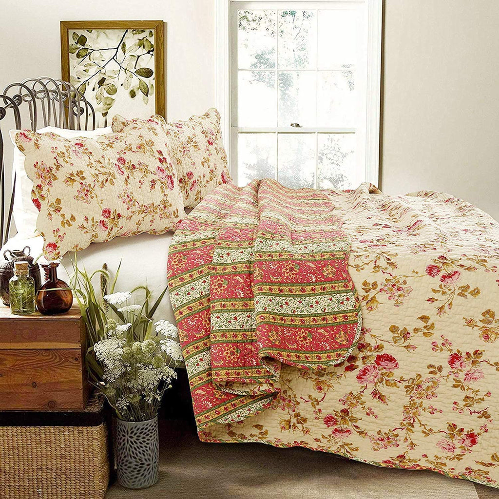 Rose Garden Vintage Floral Pink Khaki 100% Cotton Reversible Quilt Bedding Set, Coverlet Bedspread (Vintage Rose