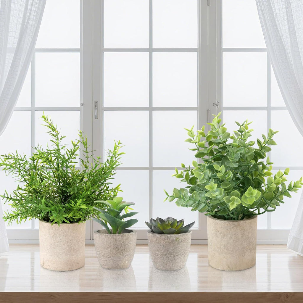 4 Pack Small Fake Plants, 10" Artificial Plants Indoor Eucalyptus/Rosemary/Succulents, Small Faux Plants in Pulp Pot