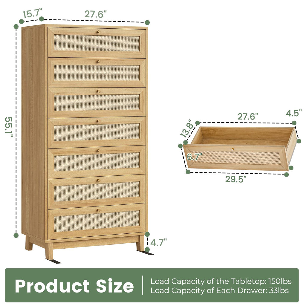 Rattan Dresser with 7 Drawer, Modern Double Wooden Tall Bedroom Dresser, Chest of Drawers with Metal Handle & Solid