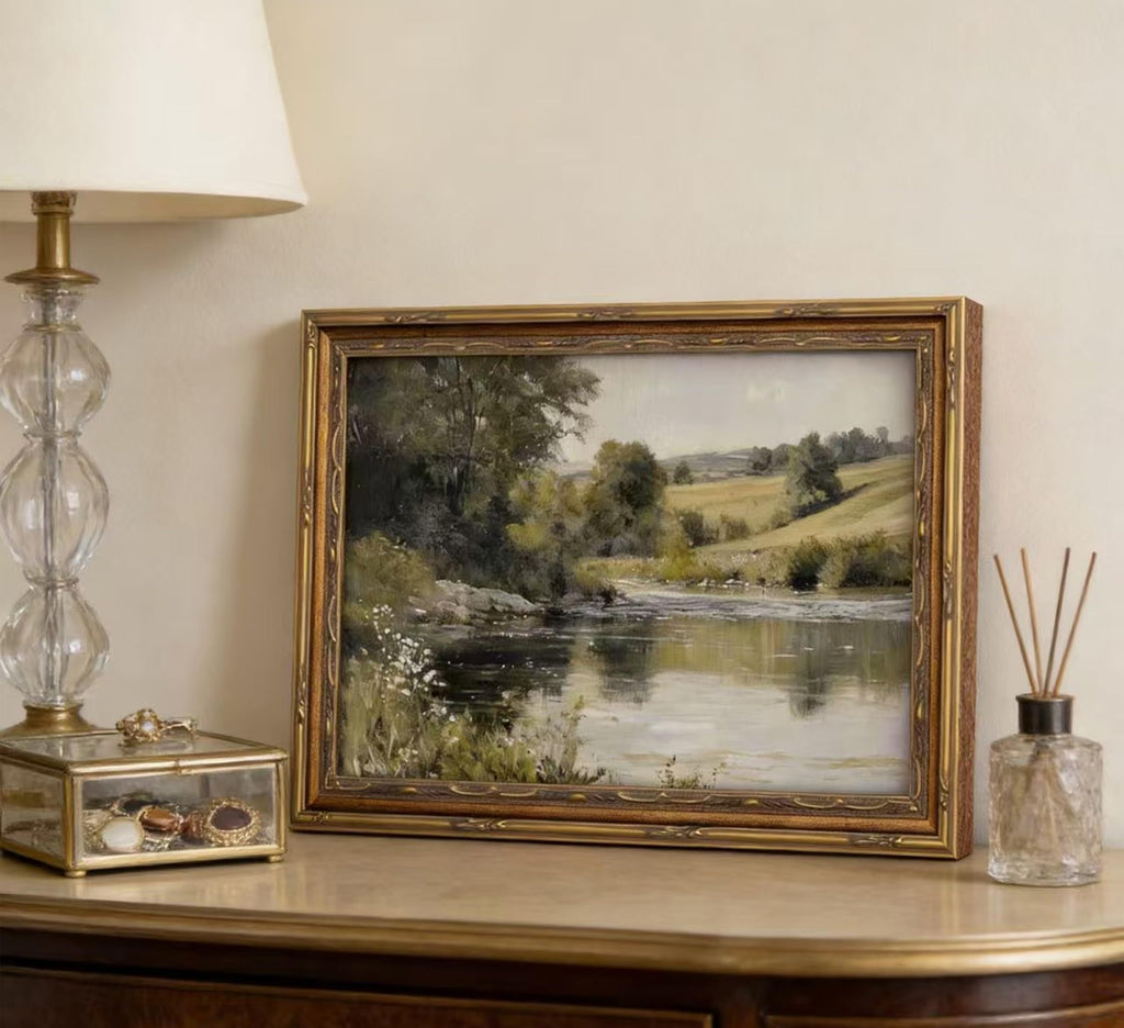 Vintage Gold Framed Wall Art Retro Rustic Farmhouse Green Nature Landscape Painting Picture Canvas Fall Forest