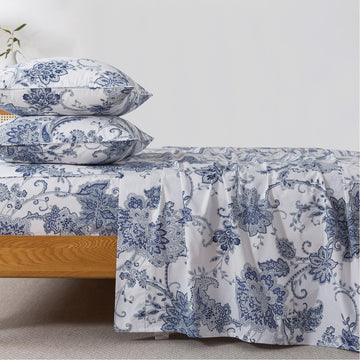 Cal King Sheets Set Percale Cotton Floral Bed Sheets Deep Pocket Fitted Sheet, Luxury Blue Floral Pattern Classic