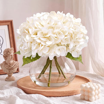 Hydrangea Artificial Flowers with Vase, Real Touch Latex, White - Set of 5