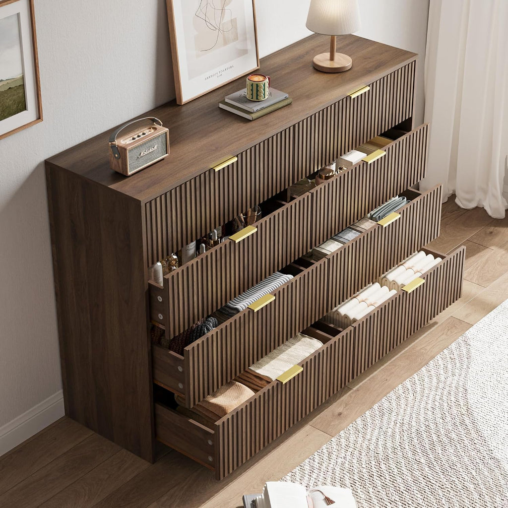 Dresser , 8 Drawer Double Dresser, Modern Chest of Drawers and Closet, 55" L x 15.7" D x 37.4" H, Walnut