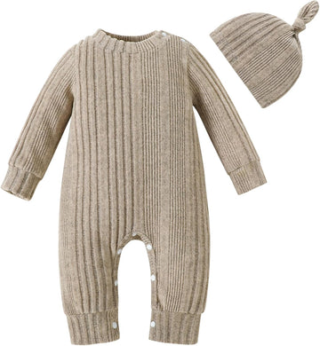 Baby Girl Ribbed Romper Hat Set Long Sleeve Infant Fall Outfit