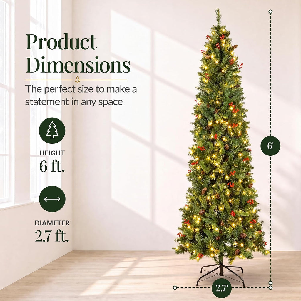Pre-Lit Spruce Pencil Christmas Tree Pre-Decorated w/Twinkling LED Lights Holiday Decoration w/ 250 Lights, 618