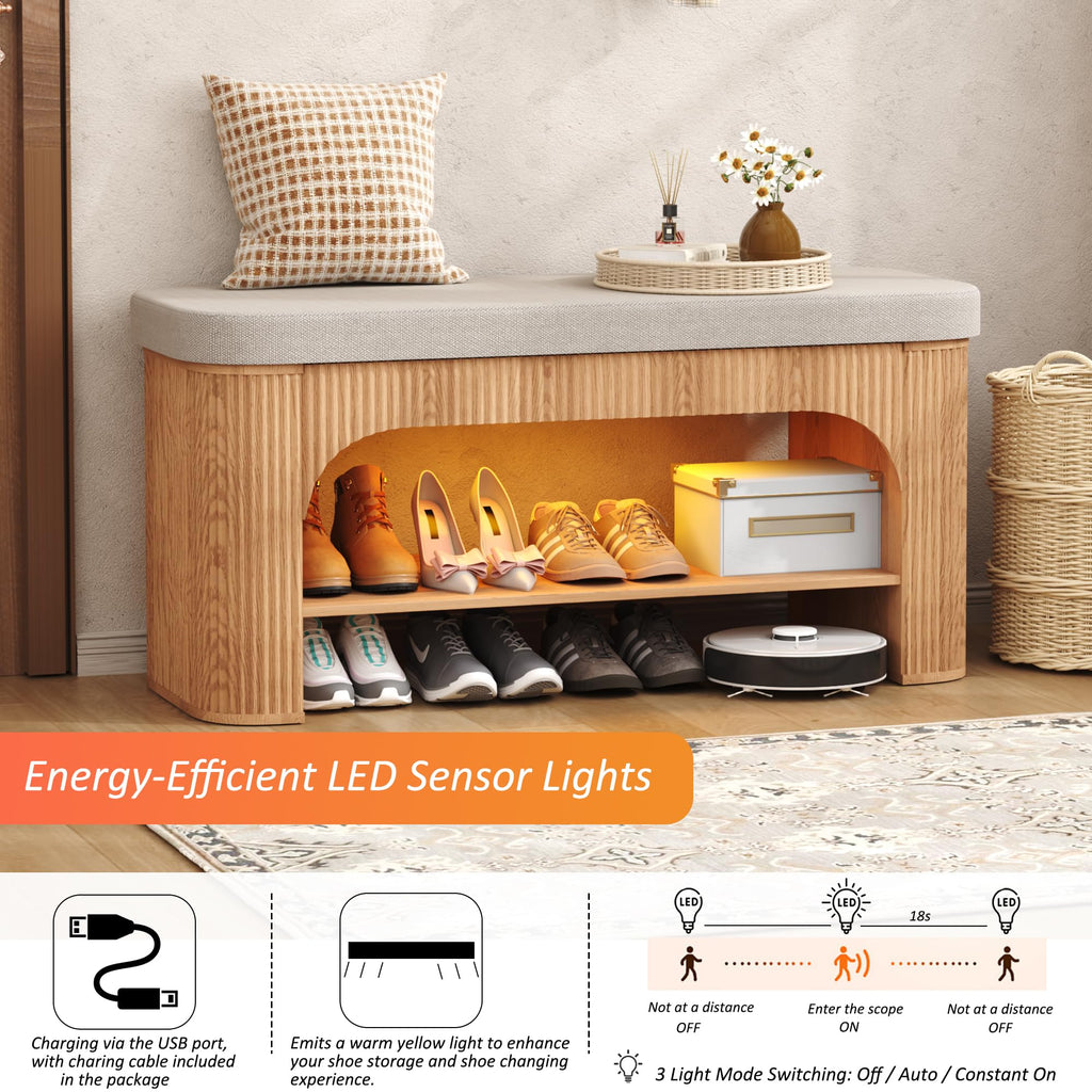 40.2" Fluted Storage Bench with Built-in LED Light, Flip-Top Shoe Bench with Cushioned Seat and Open Storage