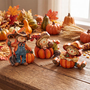 Fall Wooden Scarecrow with Pumpkins Table Decor Set - Set of 3