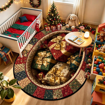 3D Gift Box Christmas Oval Rug Hole Optical Illusion Quilted Decor