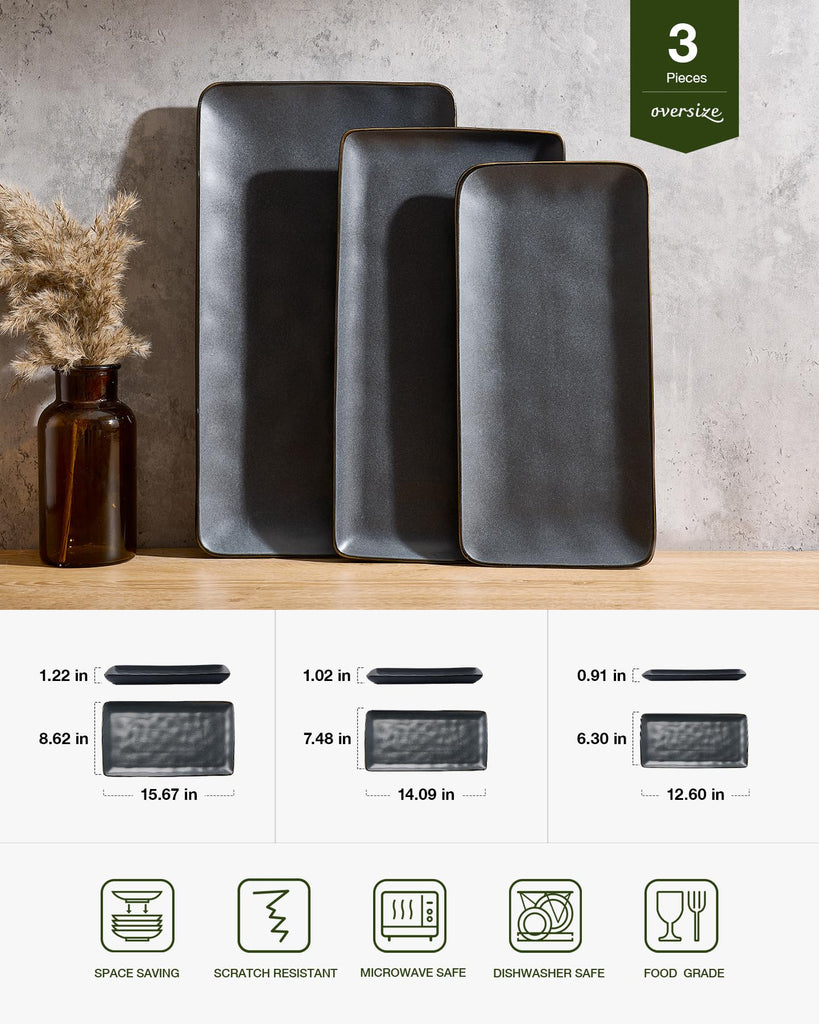 Serving Platters Set of 3 Sizes - Rectangular, Matte Dark Charcoal