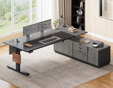 71" Executive Large L Shaped Electric Standing Desk, Grey | Height Adjustable Executive Desk with 3 Drawers and