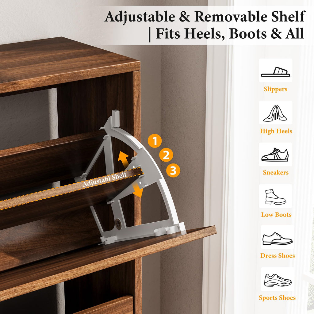 Mid-Century Modern Slim Shoe Cabinet, 9.5" Narrow Shoe Storage Cabinet with Architectural Arched Fluted Front