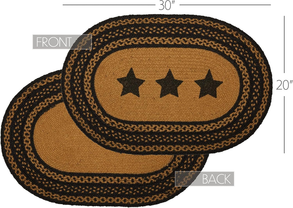 Farmhouse Primitive Star Black Stenciled Accent Jute Rug Oval Stencil Stars w/Pad 20"x30"