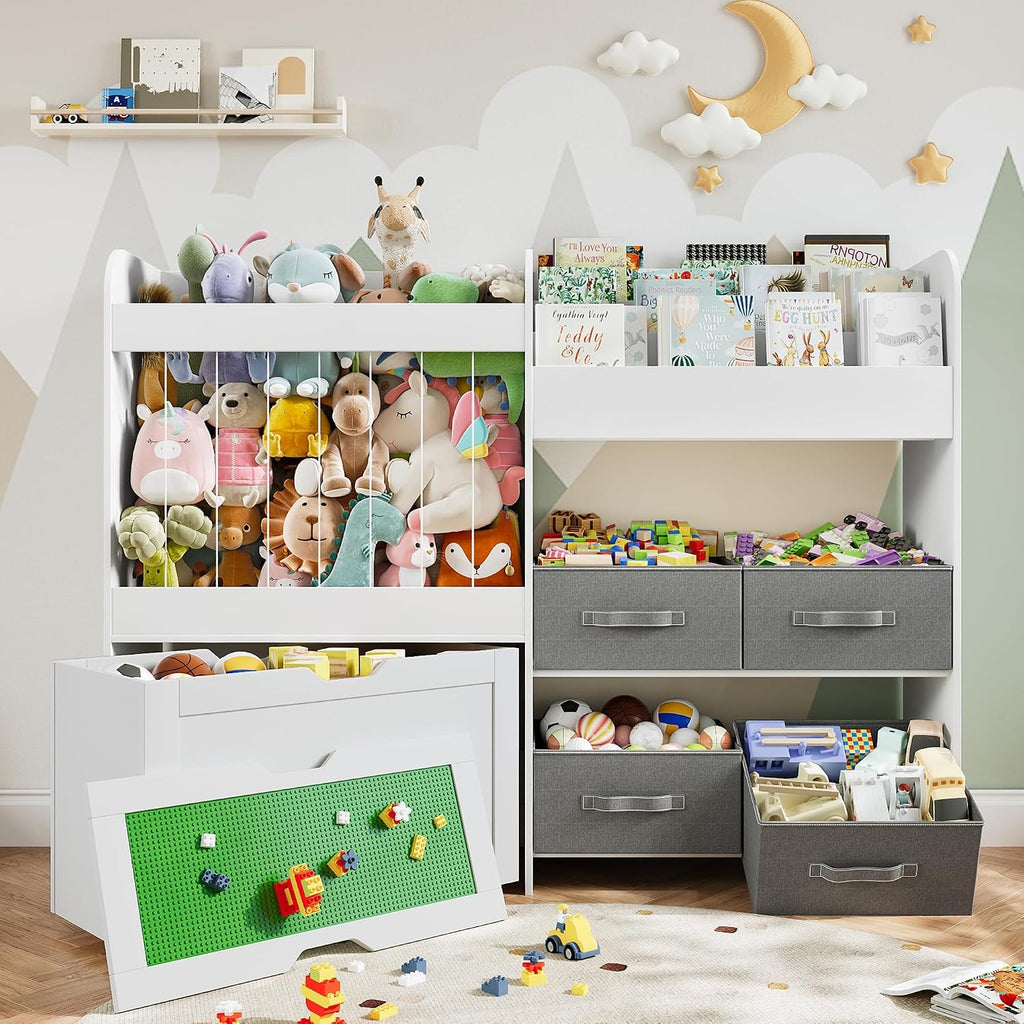 51.1" W Large Toy Storage Organizer with Stuffed Animal Storage, Kids Bookshelf with 4 Removable Toy Bins, Movable