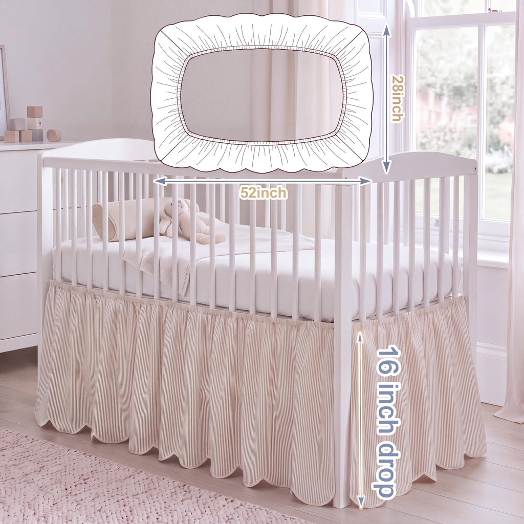 Beige Cotton Crib Skirt Scalloped Edge, 16" Drop Fits 28"x52"