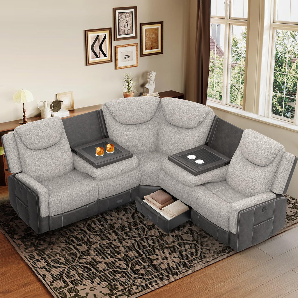 Manual Recliner Sectional Sofa, Corner Couch with Flip Middle Backrest, USB Ports & Cup Holders, Grey Linen &