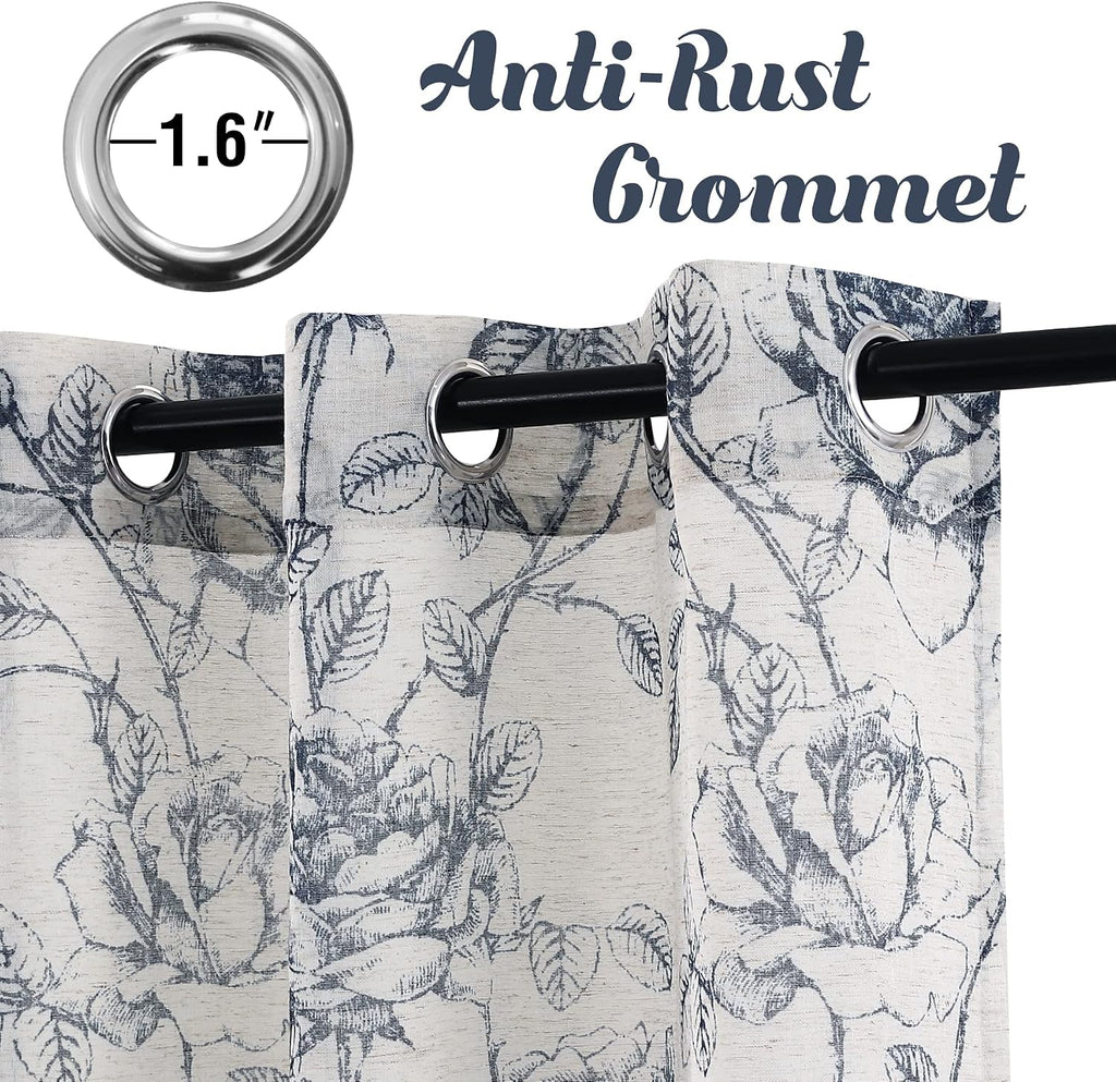 Boho Floral Linen Curtains, Semi Sheer Light Filtering Curtain, Drapes 108 Inch Length 2 Panels Set, Grommet