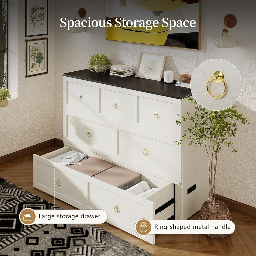 Queen Murphy Bed with Storage Drawer, Farmhouse Cabinet Bed with LED Lights & Charging Station, Space Saving Wall Bed