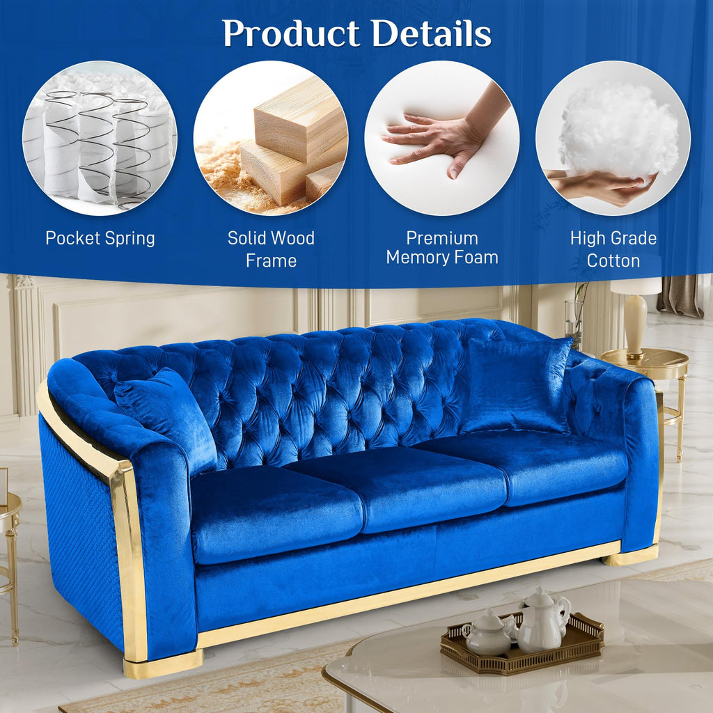 Chesterfield Loveseat and Sofa Set, Luxury Tufted Gold Couch, Blue