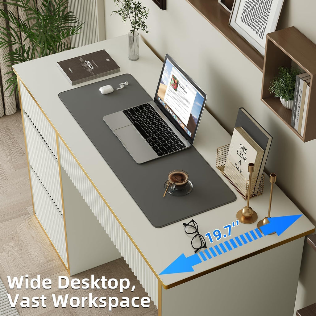 47-Inch Fluted Computer Desk with 4 Drawers, White and Gold