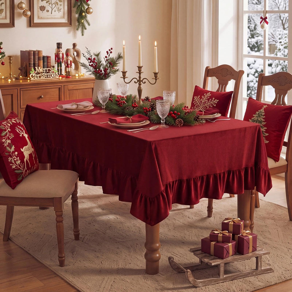 Ruffled Rectangle Tablecloth, 60 x 102 Inch Christmas Red