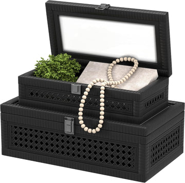 Rattan Decorative Box,Boho Display Boxes with Lids Rectangular Wicker Storage Decoration,Natural Woven Cane - Set of 2