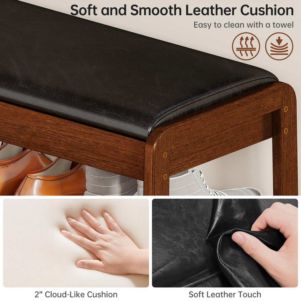 Shoe Rack Bench with Flip-Top Storage, Solid Rubberwood 2-Tier Shoe Organizer with Cushion, Wooden Shoe Stand
