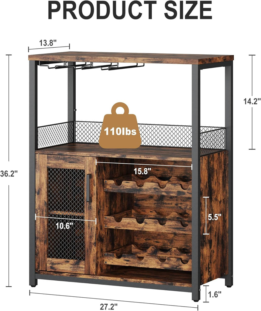 Wine Bar Rack Cabinet with LED Lights, Small Coffee Bar Cabinet | 36" Tall Liquor Bar Cabinet Kitchen Dinning Room