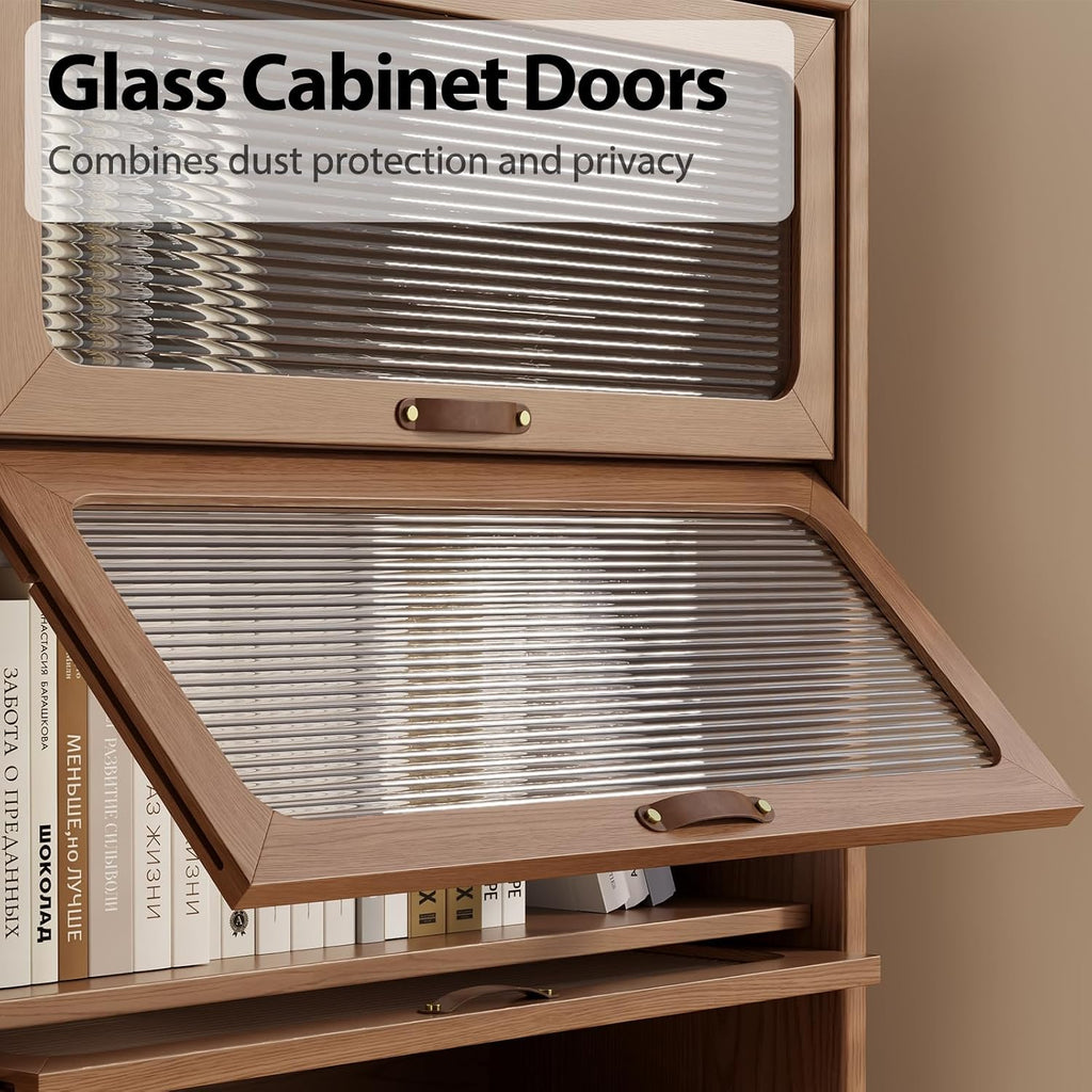 Solid Wood Bookcase with Glass Doors, 3 Shelf Bookshelves and Bookcases, Mid Century Modern Bookshelf with Glass