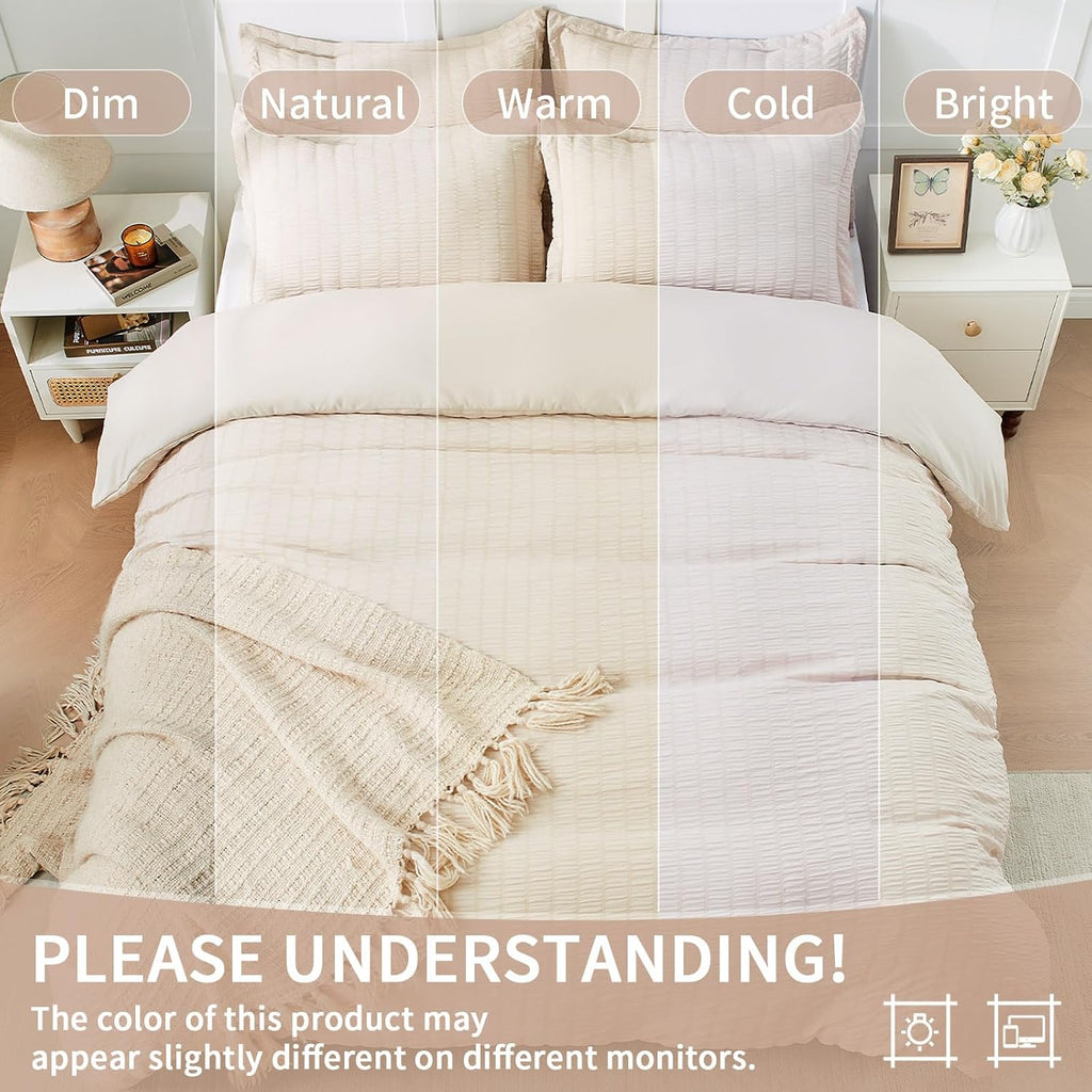 Beige Duvet Cover Queen, Super Soft Seersucker Queen Duvet Cover Set, 3-Piece Lightweight Duvet Cover with Zipper