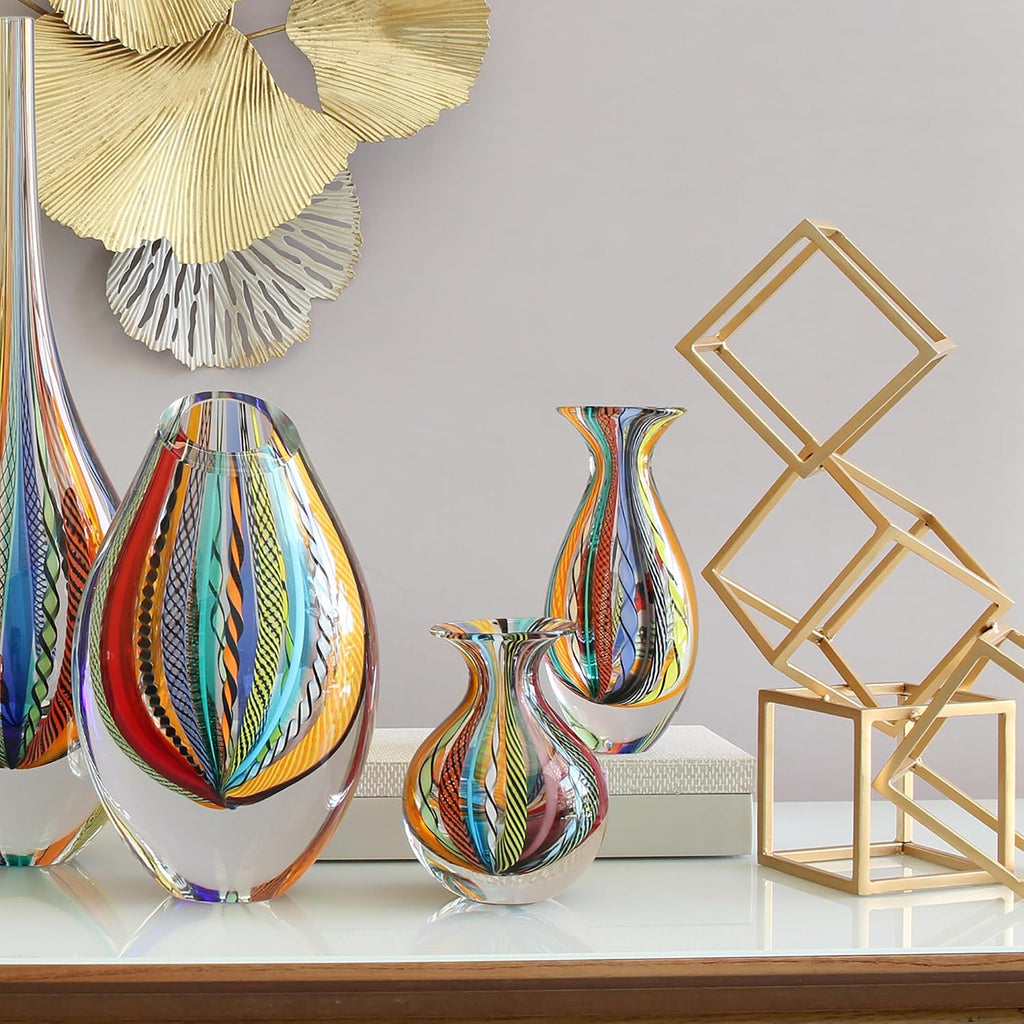 Murano Style Glass Vase Hand Blown Colored Canes Boho Effect Home Decor
