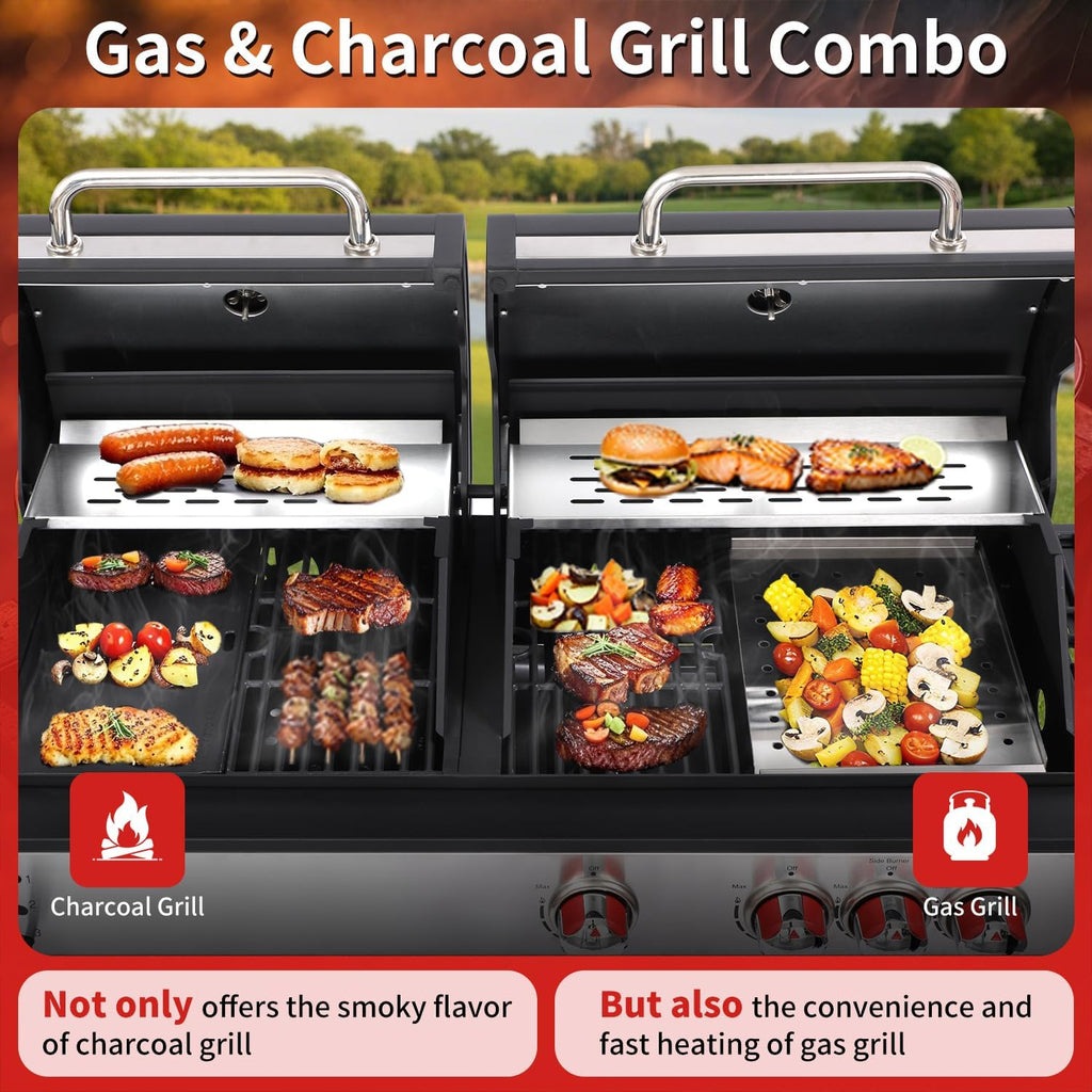 Charcoal and 3-Burner Propane Gas Grill Combo with Side Burner, Dual Fuel BBQ Grill with Porcelain Cast Iron Grates