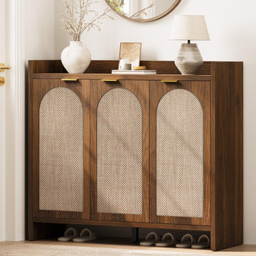 Shoe Cabinet Storage - Rattan Accent Cabinet with 3 Doors & Adjustable Shelves, 6-Tier Large Wood Shoes Cabinets with