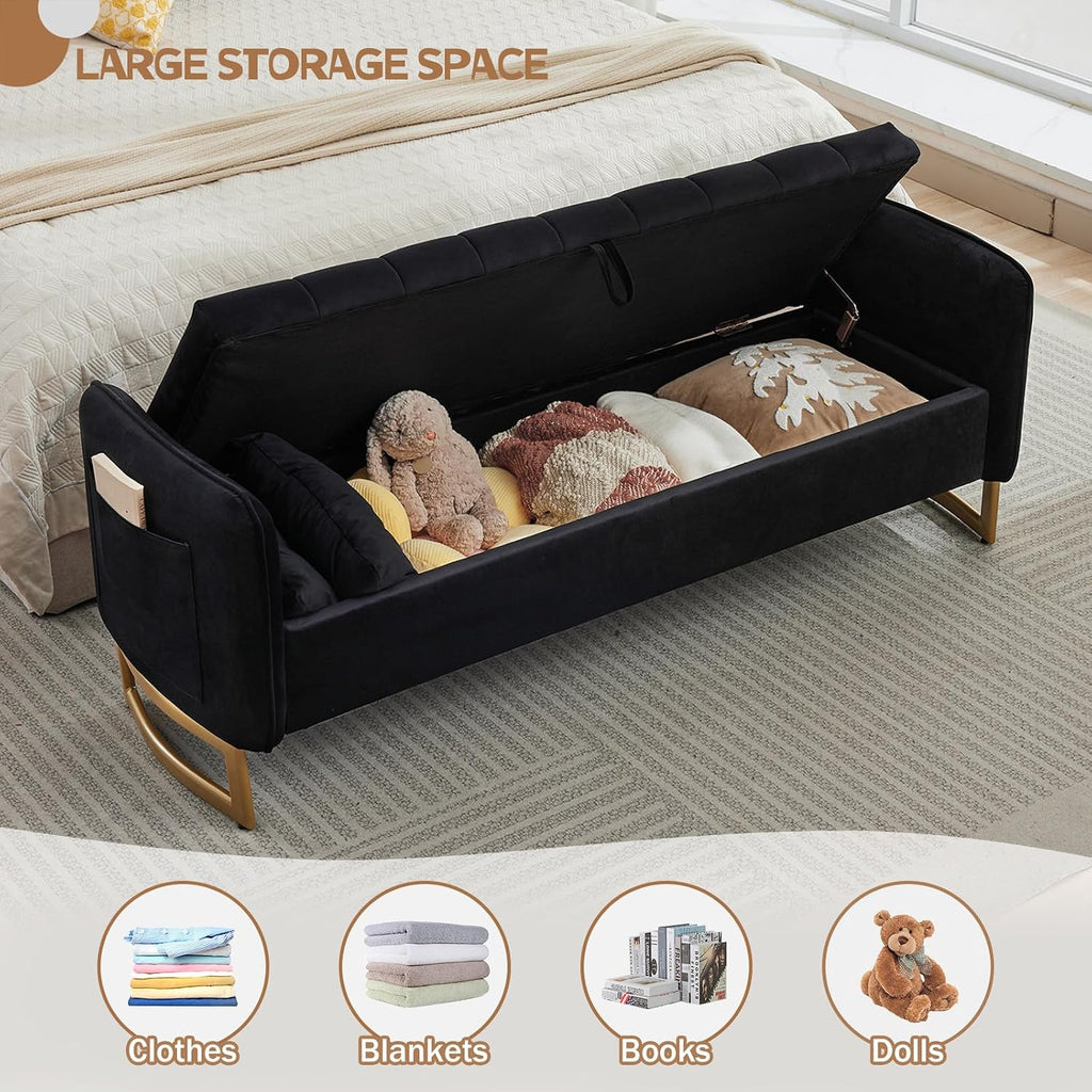 66" End of Bed Storage Bench King Size, Velvet Storage Benches Foot of Bed, Upholstered Storage Ottoman Bench with