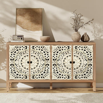 Buffet Cabinet with Storage, 4 Carved Doors, Natural&White