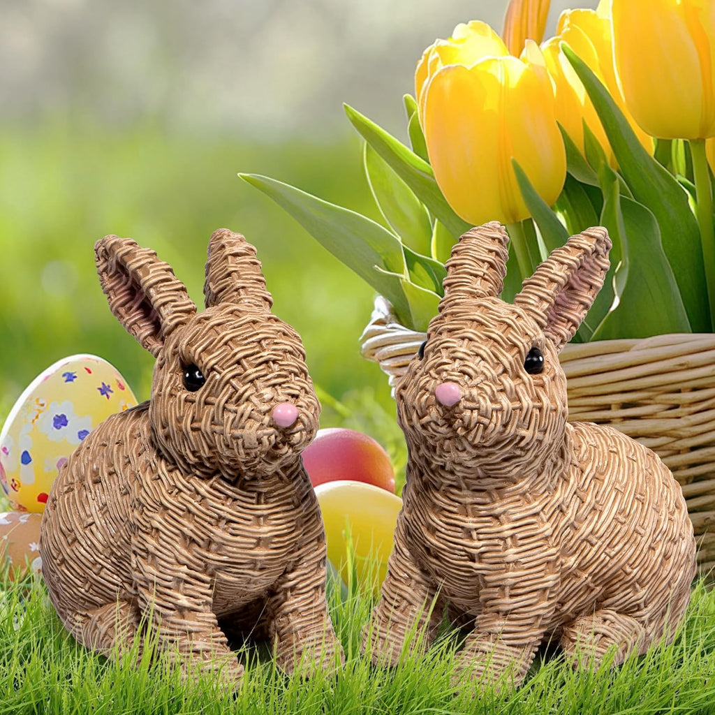 Woven Easter Bunny Figurines - 4.8" Tall White Rabbit Resin Sculptures with Handcrafted Wicker-Style Design - Set of 2