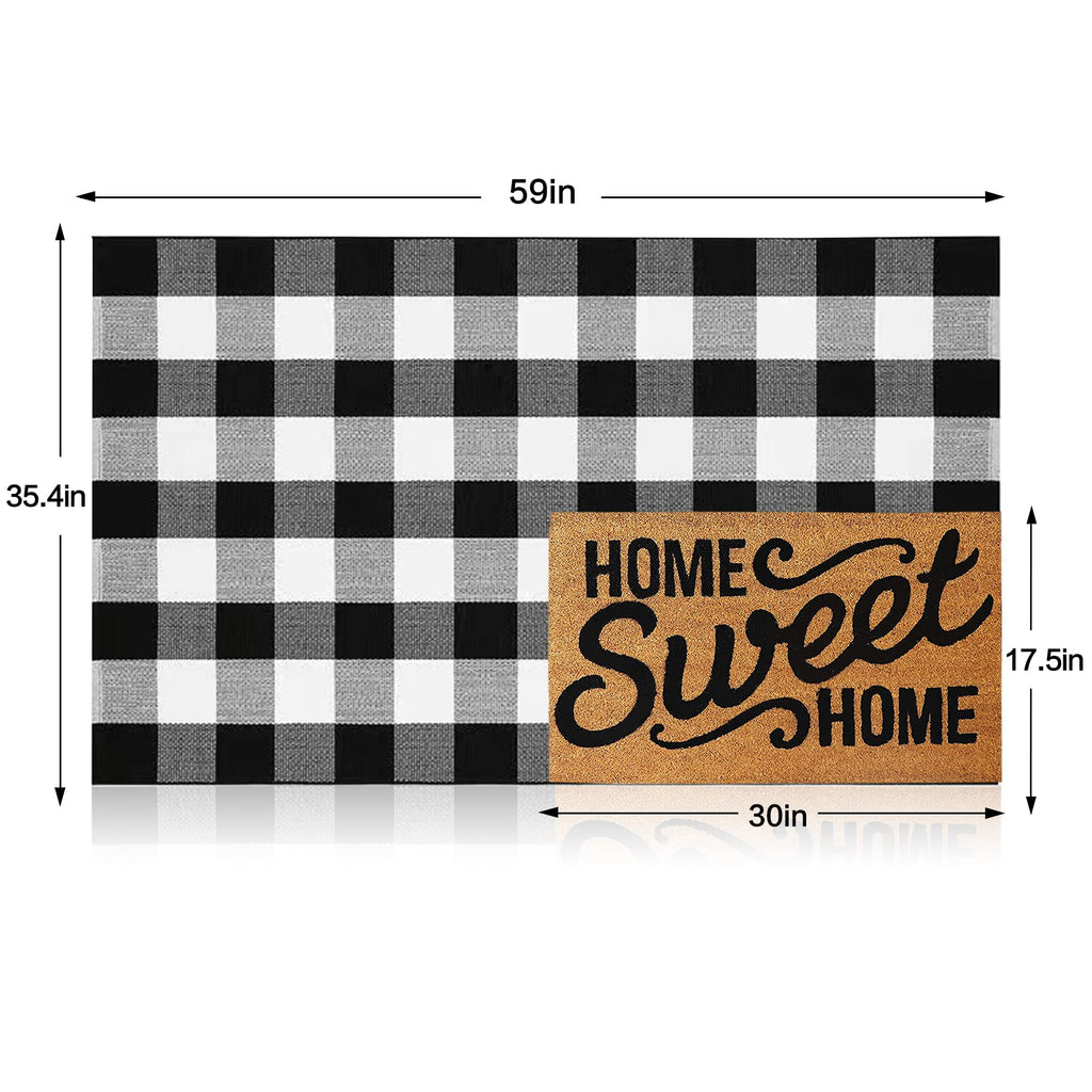 Fall Decor Cotton Buffalo Plaid Rug, 3' x 5' Black and White Outdoor Rug Front Door Decorative Mat, Washable Doormat
