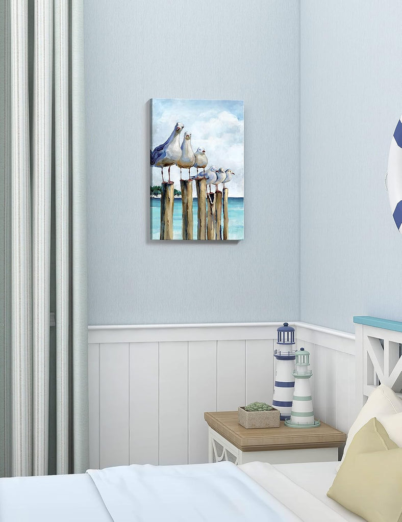 Coastal Seagull Canvas Wall Art , Teal Ocean Beach Sea Birds Canvas Print, Nautical Decor Bedroom Living Room, Ready